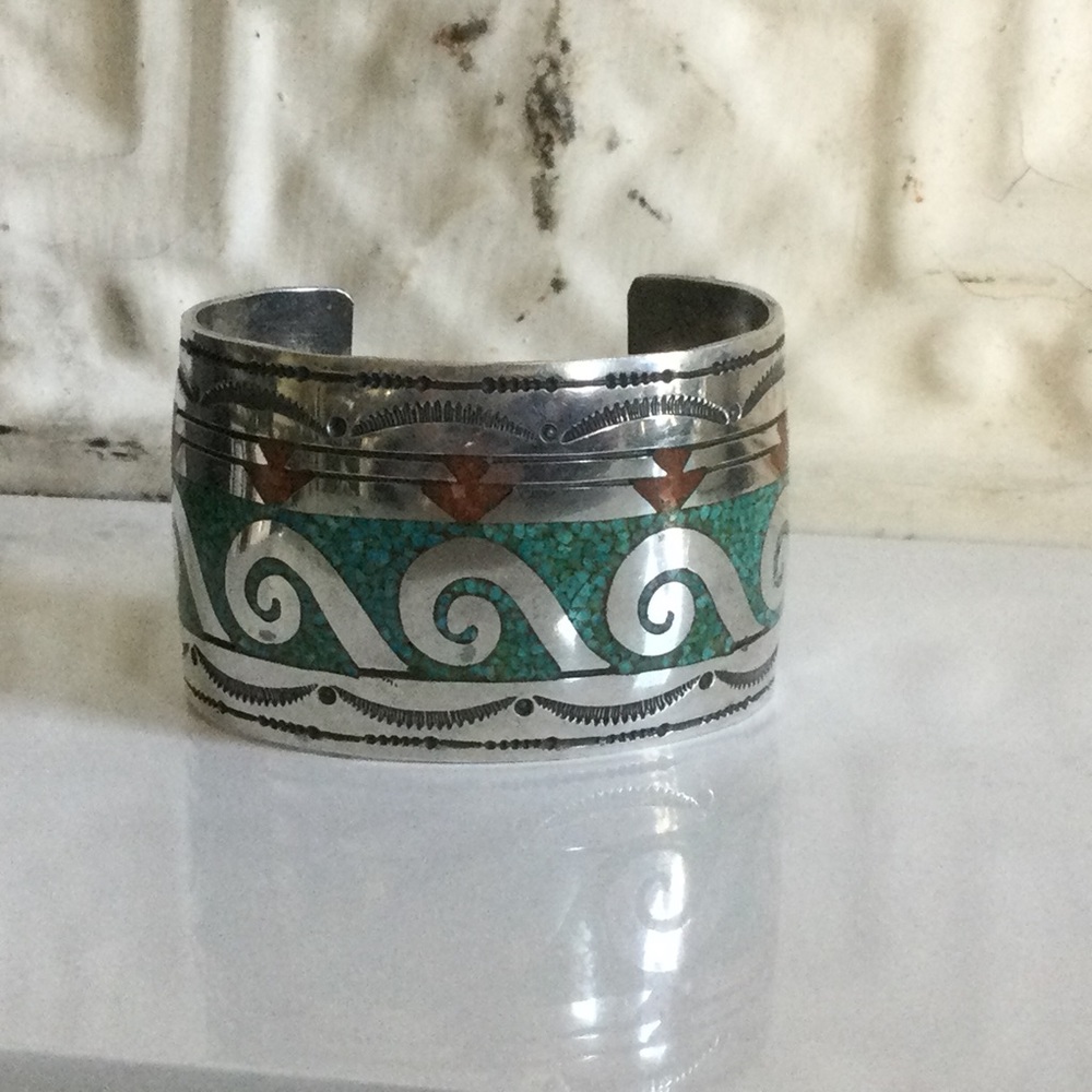 Navajo Signed Sterling Silver Cuff Bracelet With Turquoise & Coral Chip Inlay